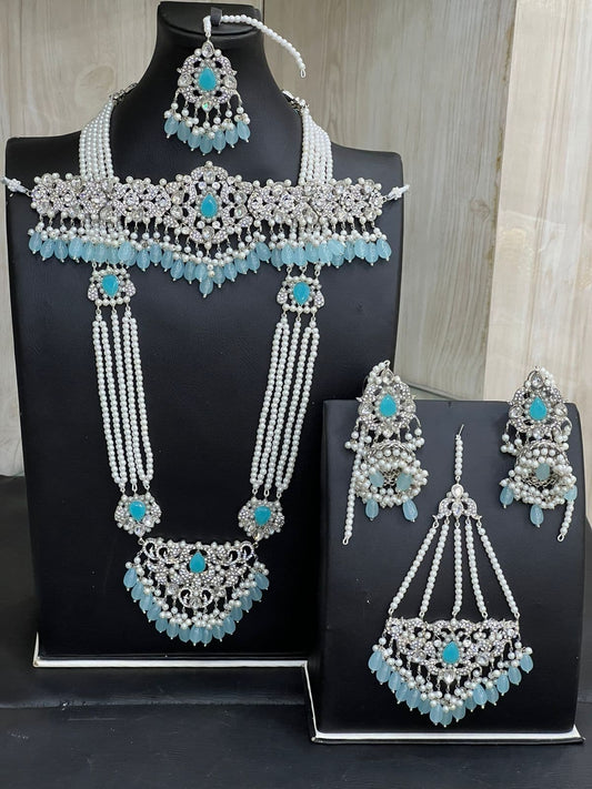 Silver & Baby Blue Kundan Choker Necklace Jewellery Set with Mala