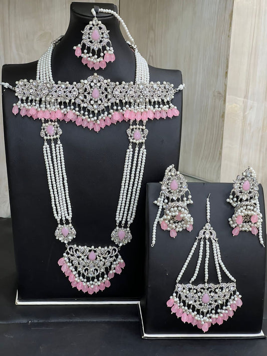 Silver & Baby Pink Kundan Choker Necklace Jewellery Set with Mala