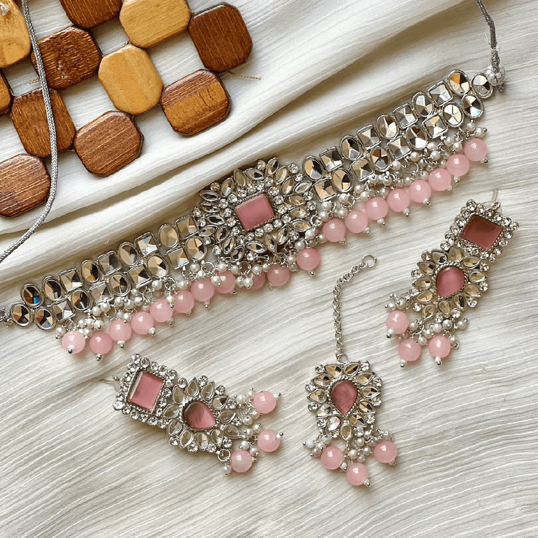 Silver & Baby Pink Kundan Choker Necklace Jewellery Set