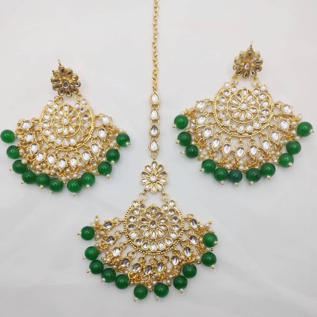 Silver & Green Earrings & Tikka Set