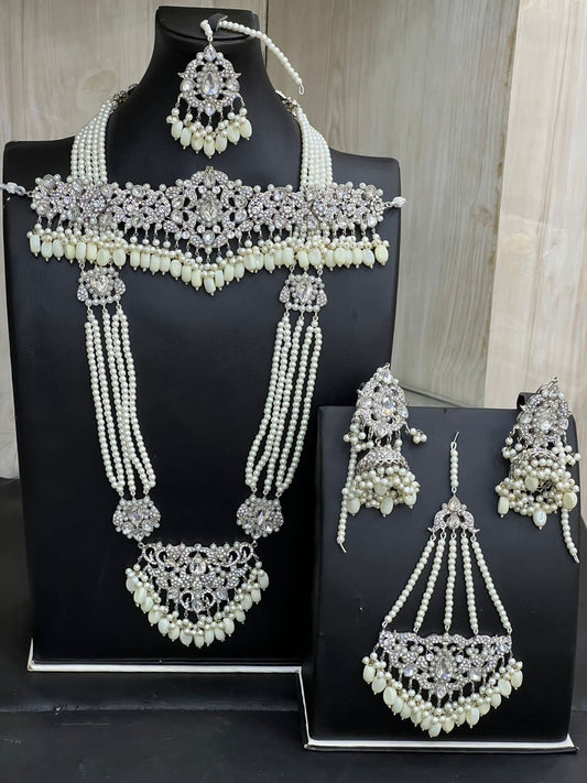 Silver & Ivory Kundan Choker Necklace Jewellery Set with Mala