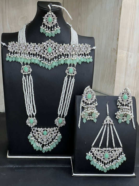 Silver & Mint Green Kundan Choker Necklace Jewellery Set with Mala