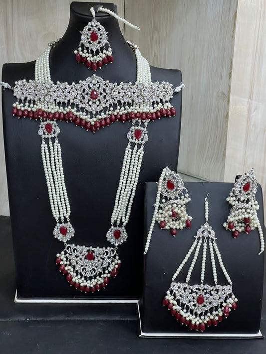 Silver & Ruby Red Kundan Choker Necklace Jewellery Set with Mala