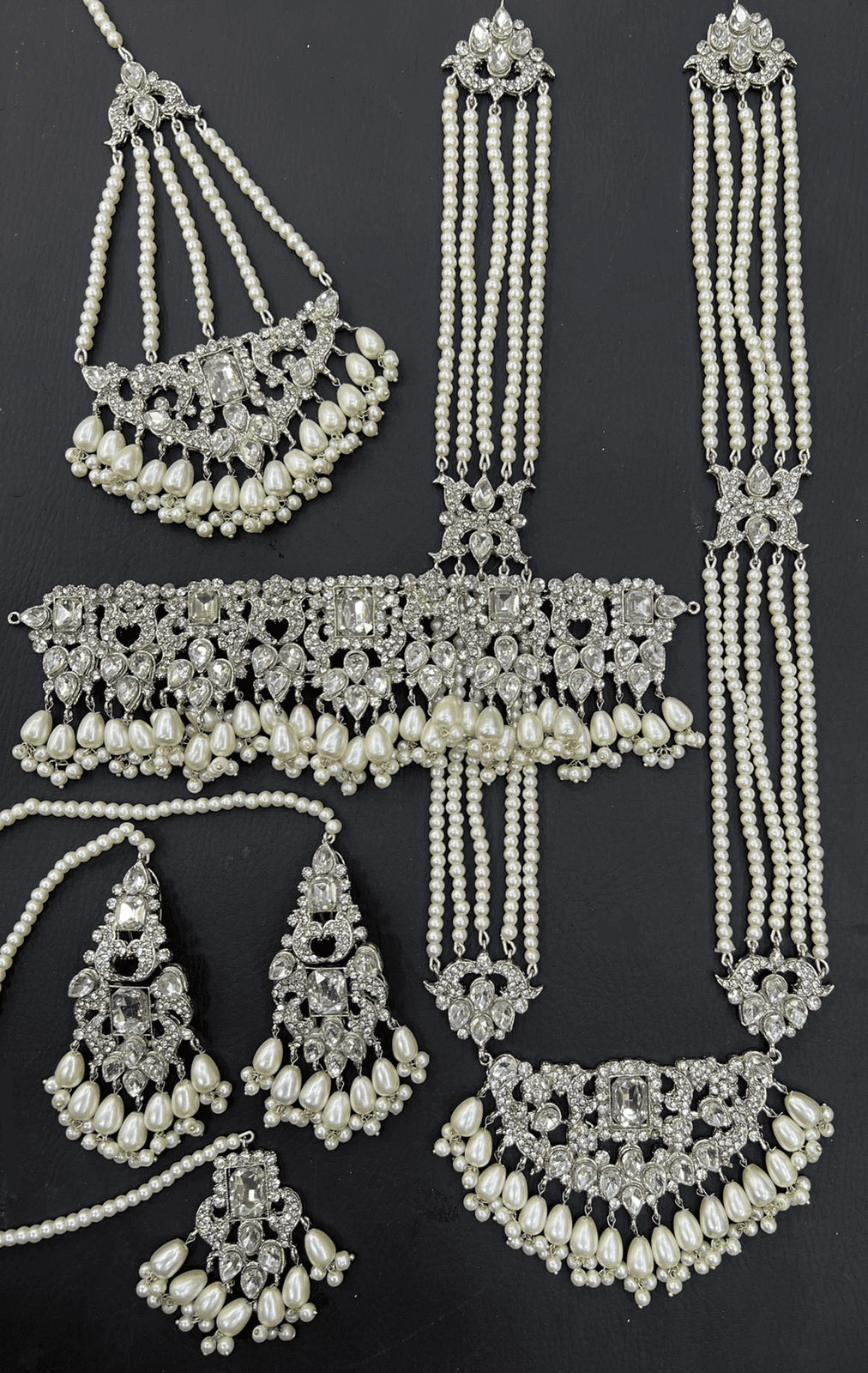 Silver & White Bridal Kundan Choker Necklace Jewellery Set with Mala